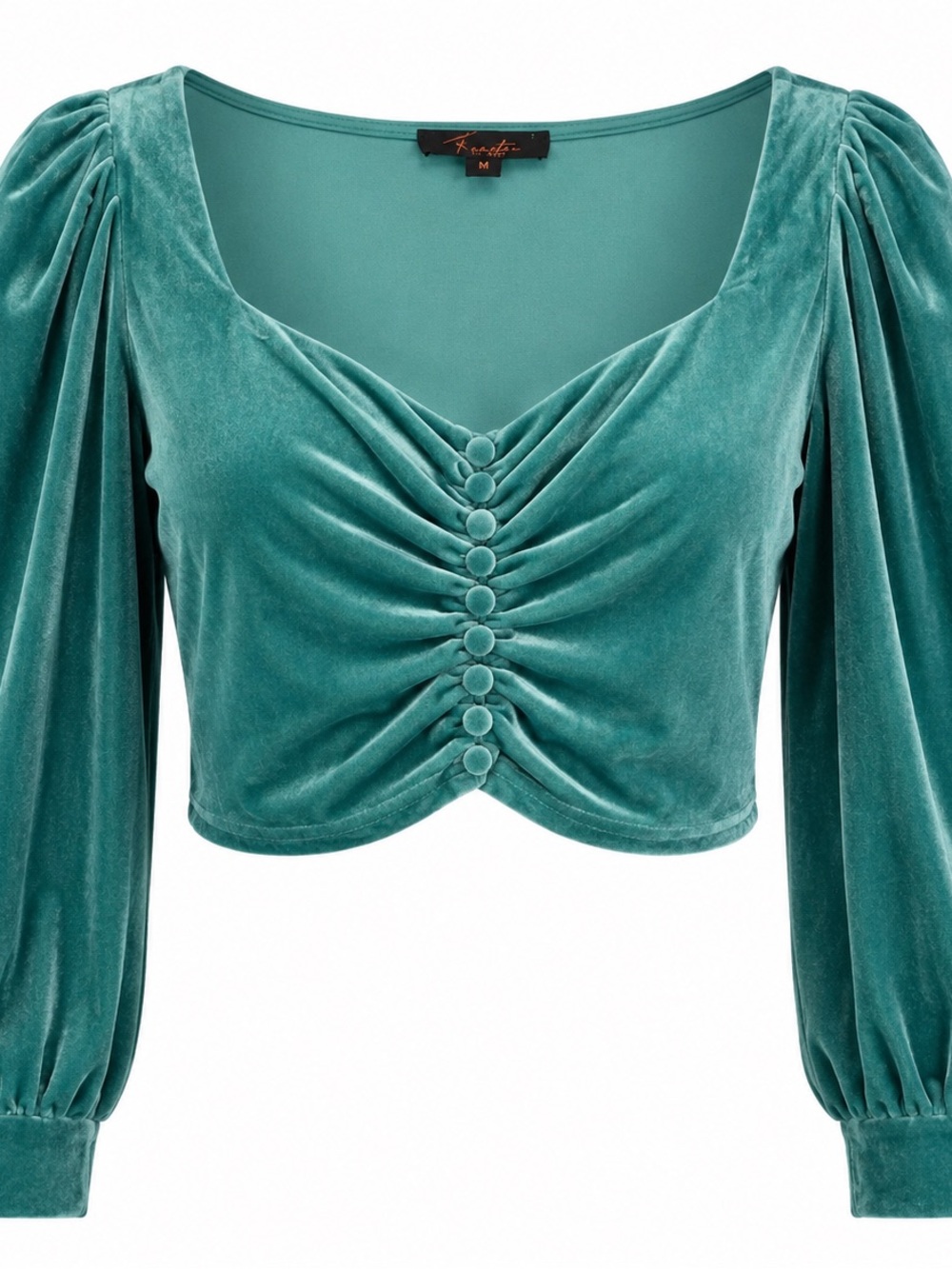 Frestar Teal Velvet Ruched Button Crop Top with Puff Sleeves